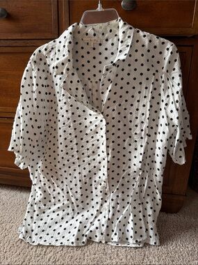 Polka Dot Short Sleeve Button-Up Top - White/Black Blouse